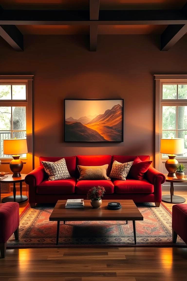 Integrate Warm Lighting - 25 Burgundy Sofa Living Room Ideas