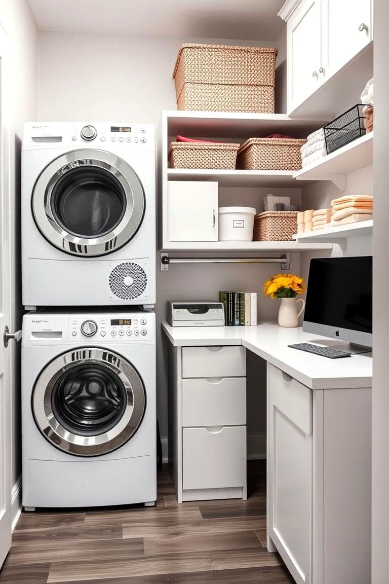 Integrated Laundry Room with a Desk - 25 Stackable Laundry Room Ideas