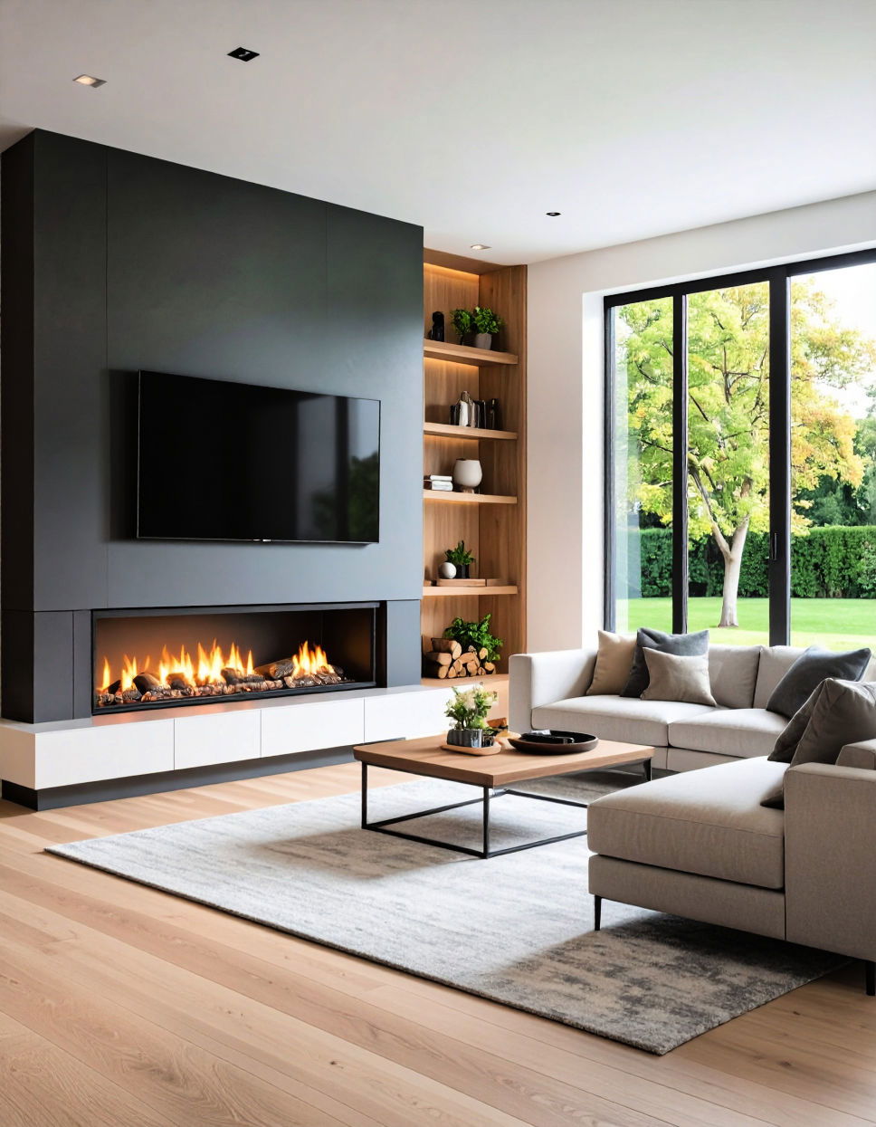 Integrated Television Niche for Media Integration Two story Fireplace Ideas