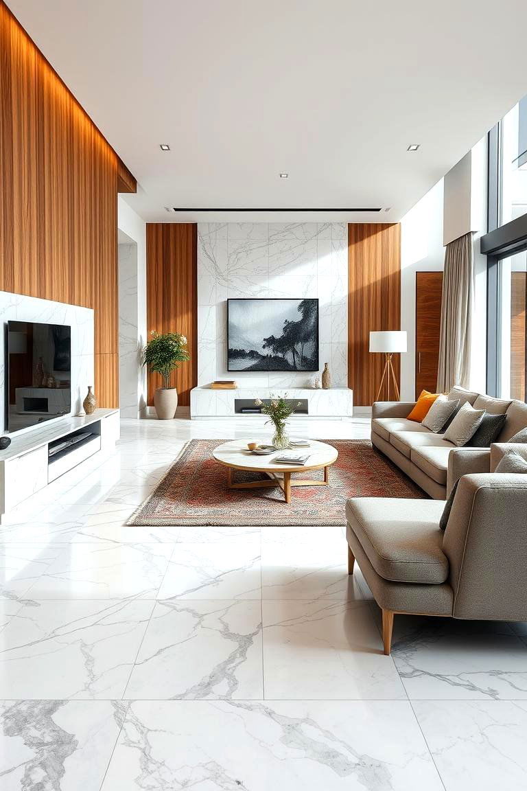 Integrating Marble with Wood Accents - 25 Marble Floor Living Room Ideas