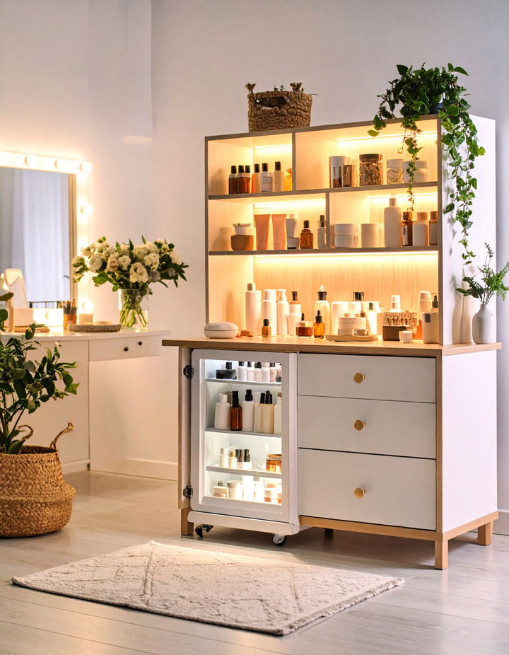 Integrating a Dedicated Skincare Fridge for Product Freshness Vanity Room Ideas