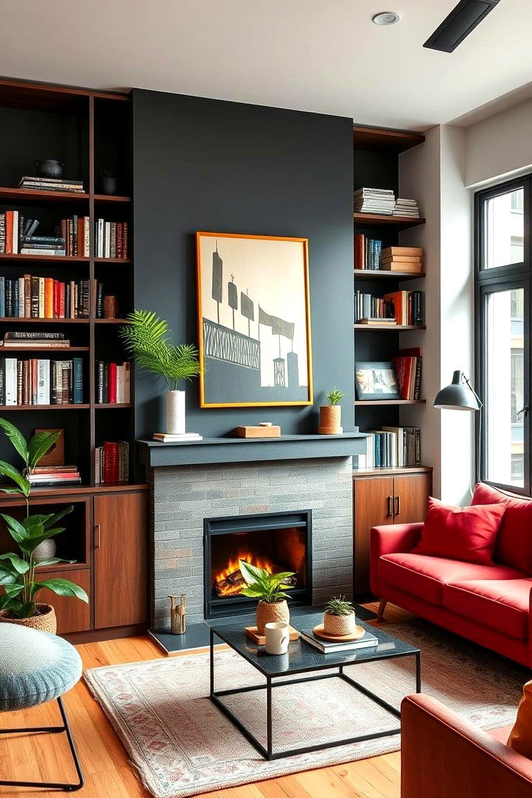 Integrating a Fireplace and Bookshelves in a Small Apartment - 25 Fireplace With Bookshelves