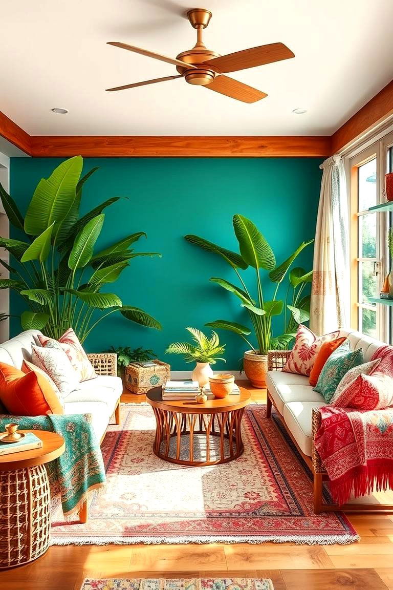 Introduce Global Inspired Textiles - 25 Tropical Living Room Ideas