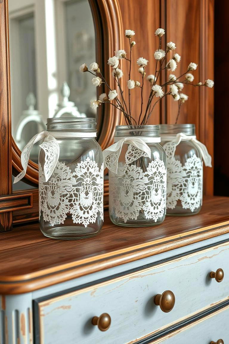 Lace Adorned Mason Jar Decor - 25 Mason Jar Centerpiece Ideas