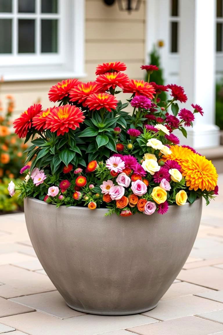 Large Concrete Planter with Fall Bloomers - 25 Fall Planter Ideas
