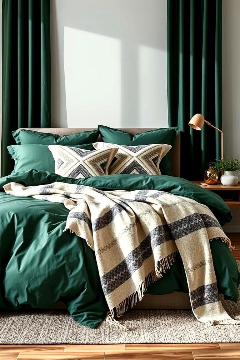 Layer Forest Green with Patterned Textiles - 25 Forest Green Bedroom Ideas