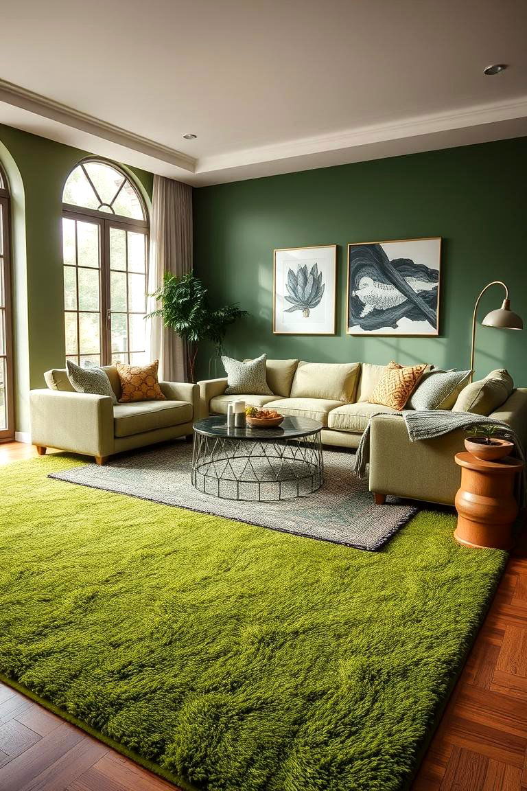 Layer Green Carpets with Different Textures - 25 Green Carpet Living Room Ideas