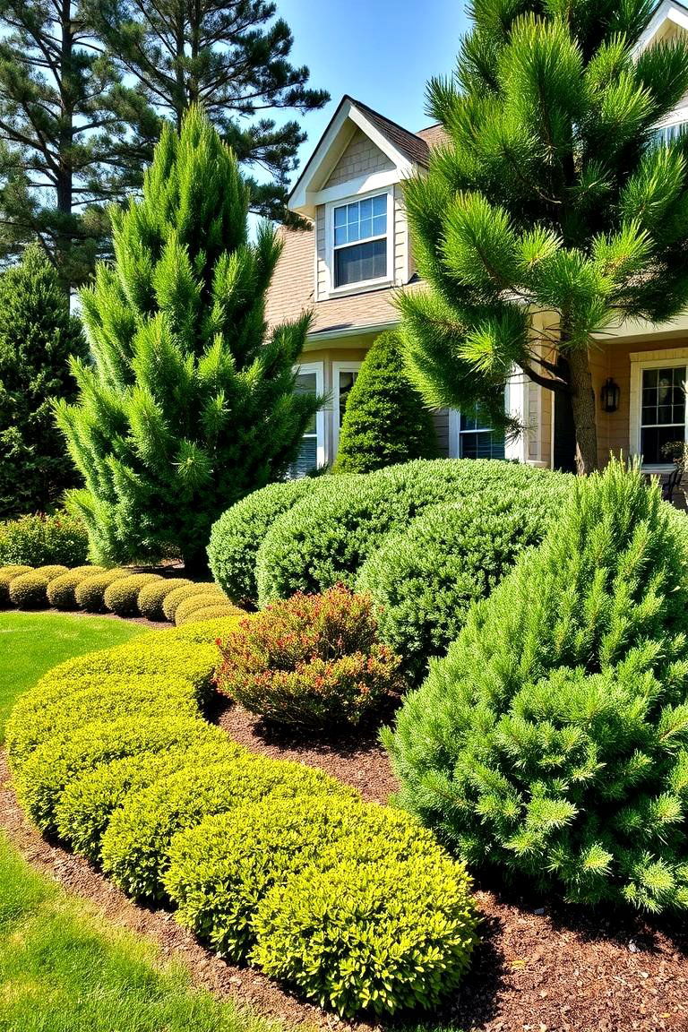 Layered Evergreen Planting for Depth and Texture - 25 Front Yard Evergreen Landscaping Ideas