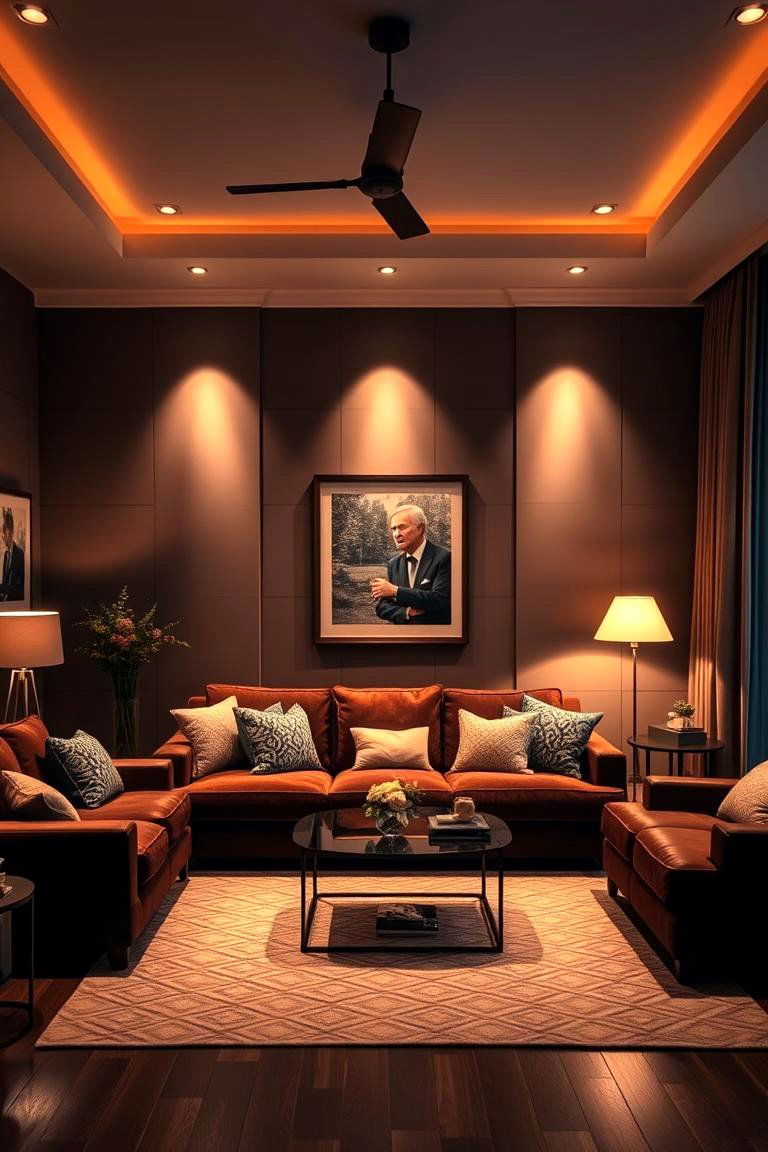 Layered Lighting for Warmth and Ambiance - 25 Dark Brown Couch Living Room Ideas