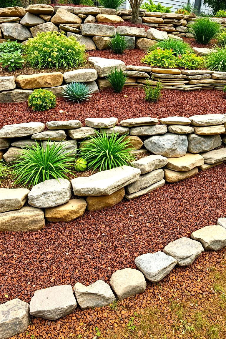 Layered Rocks and Mulch for Multi Tiered Landscaping - 25 Front Yard Landscaping Ideas With Rocks and Mulch