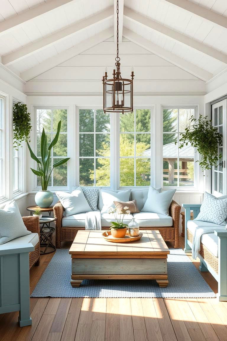 Light Blue Accents - 25 Farmhouse Sunroom Ideas