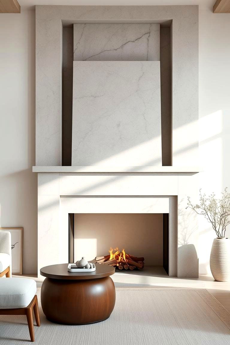 Light Grey Limestone Fireplace with Minimalist Design - 25 Floor-to-Ceiling Stone Fireplace Ideas