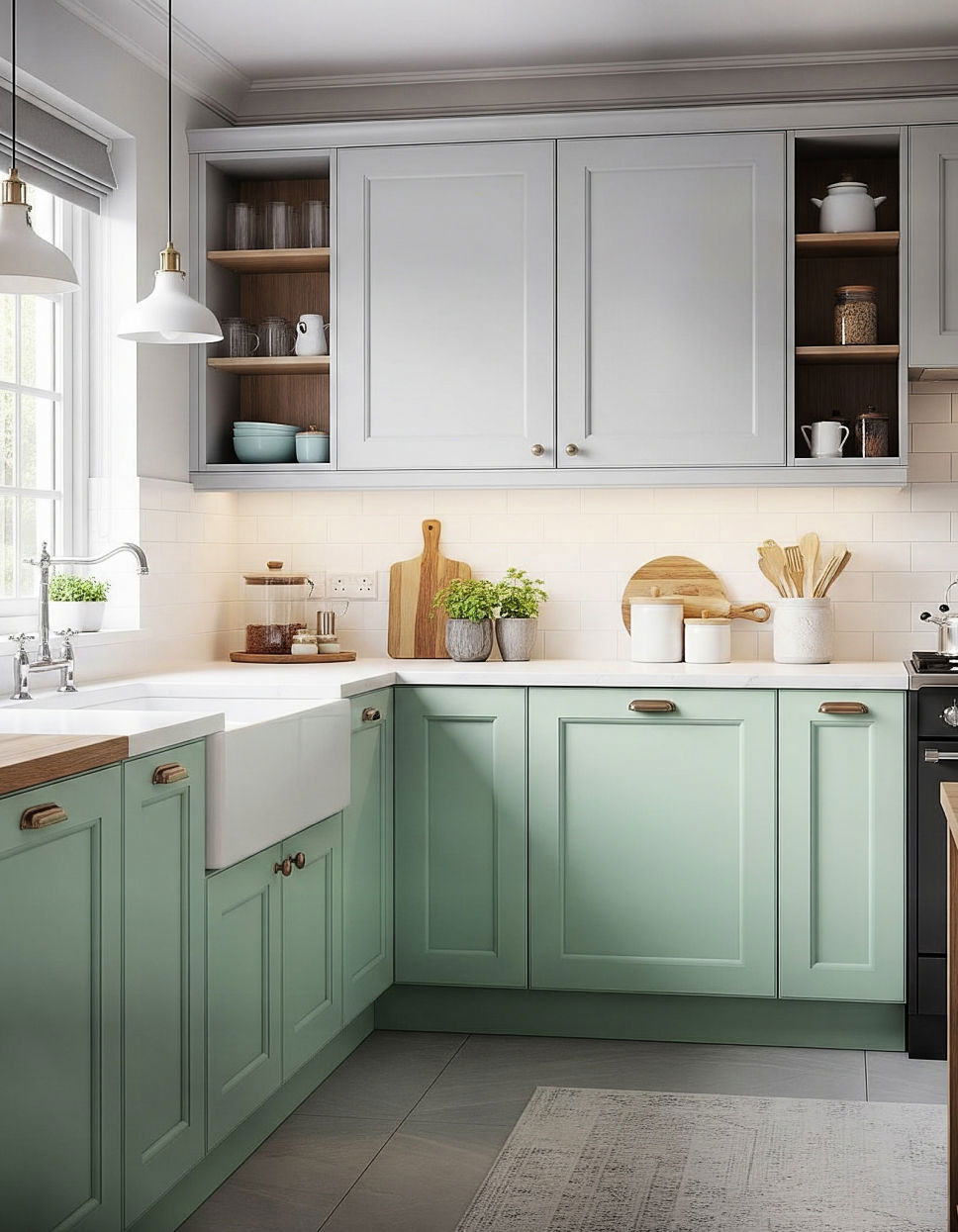 Light Grey and Mint Green Two Tone Kitchen Cabinet Ideas
