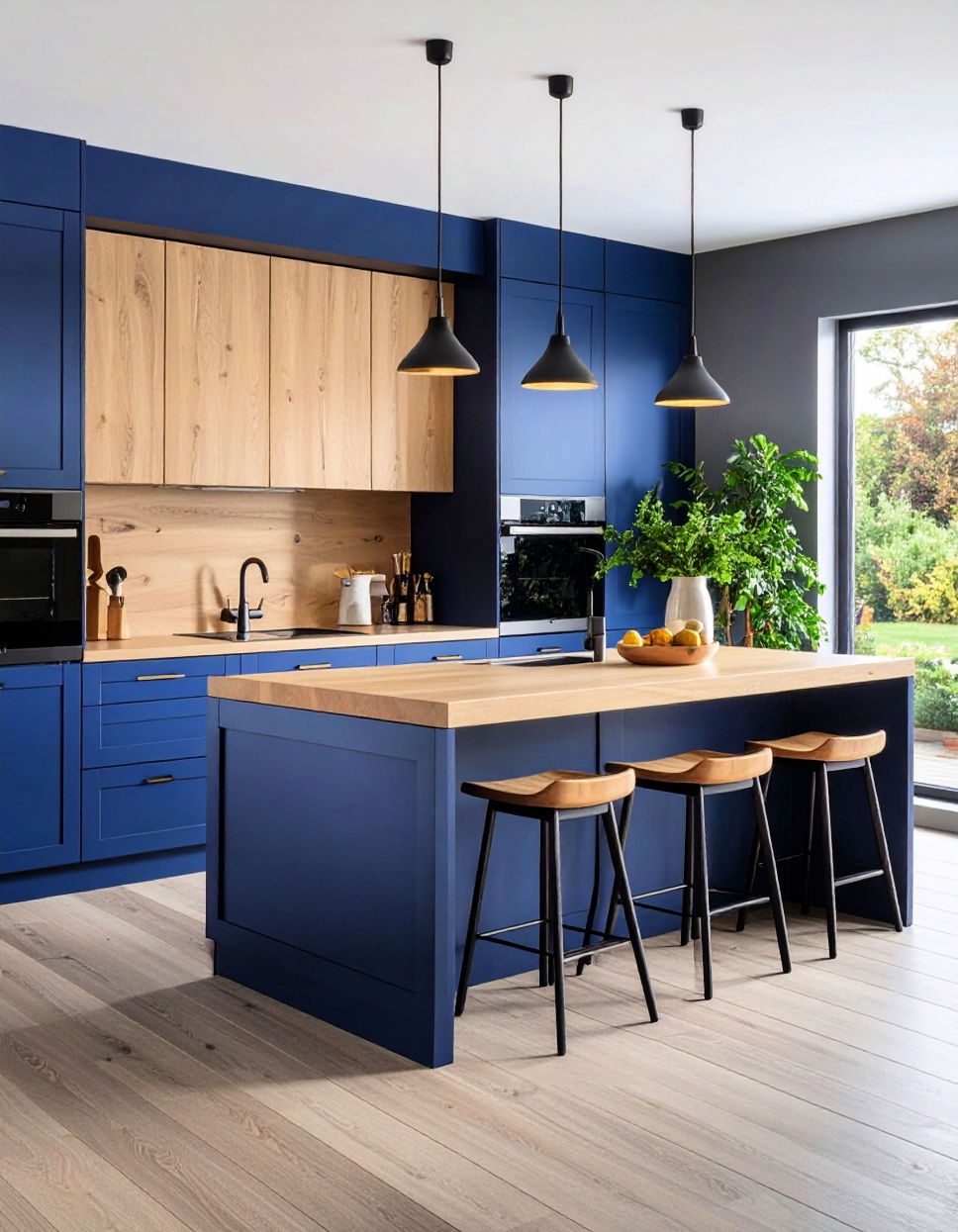 Light Wood and Dark Blue Two Tone Kitchen Cabinet Ideas
