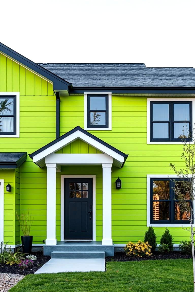 Lime Green with Black Trim Around the Roofline - 25 Green House Exterior With Black Trim