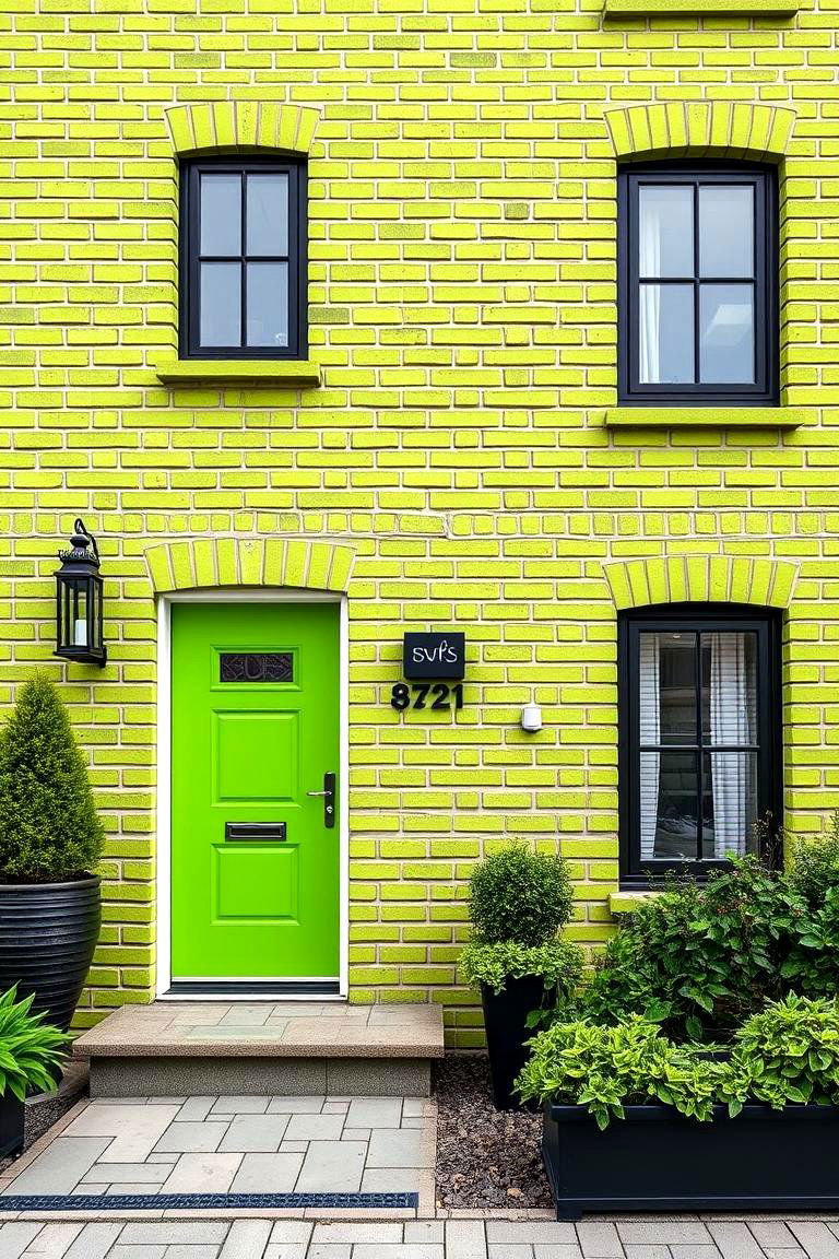 Lime Green with Bold Black Accents for a Dynamic Look - 25 Green Brick Exterior Home Ideas