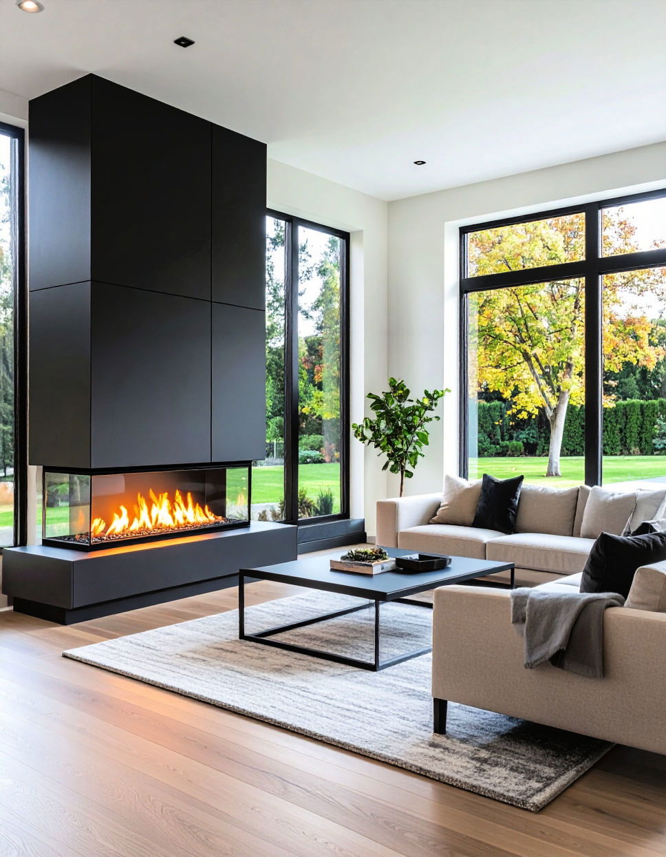 Linear Gas Fireplace for Modern Efficiency Two story Fireplace Ideas