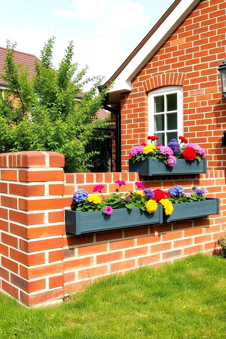 Low Brick Wall with Flower Boxes - 25 Front Yard Brick Fence Ideas