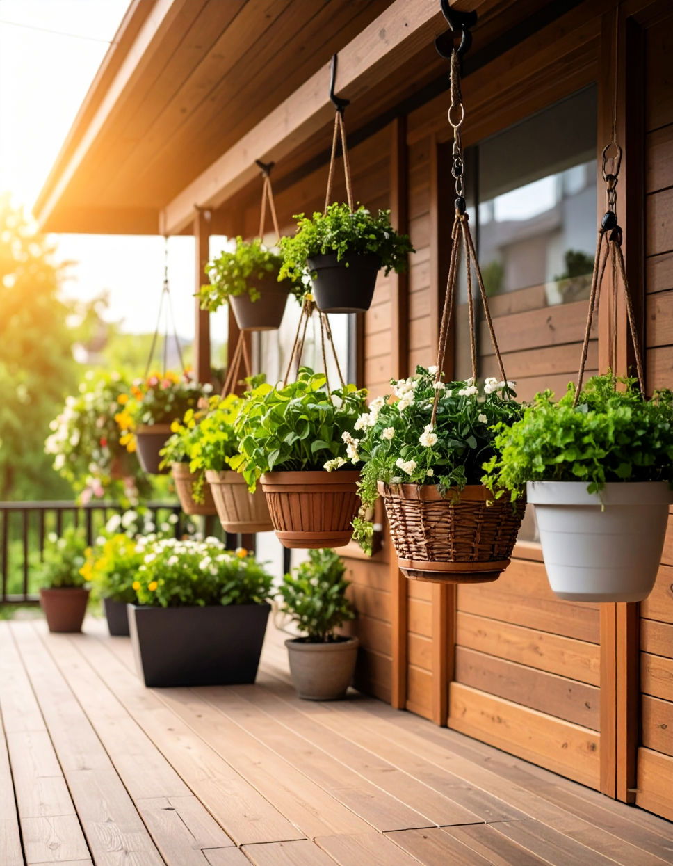 Lush Greenery with Hanging Planters Townhouse Patio Ideas