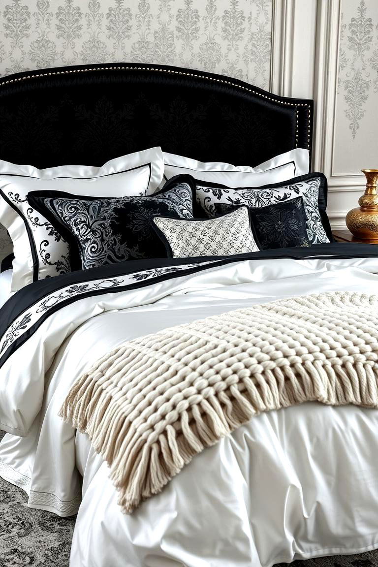 Luxurious Black and White Bedding Set - 25 Feminine Black and White Bedroom Ideas