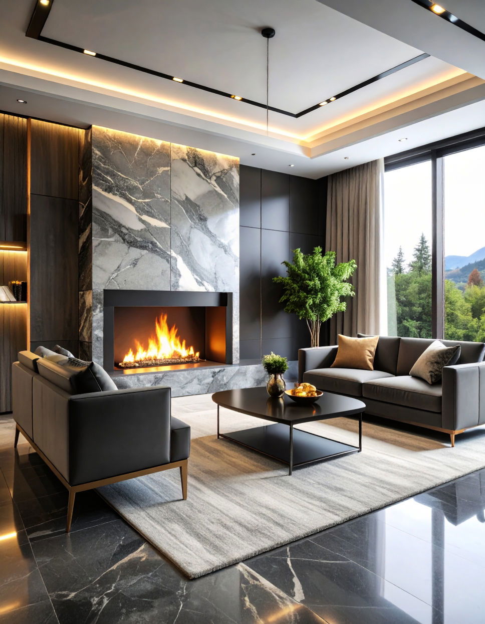 Marble Fireplace with Metal Accents