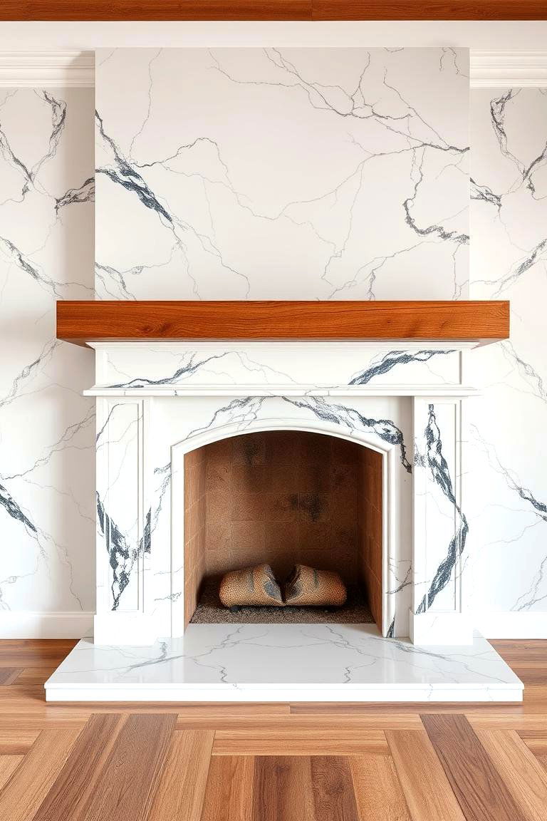 Marble Fireplace with a Wooden Mantel - 25 Marble Fireplace Ideas