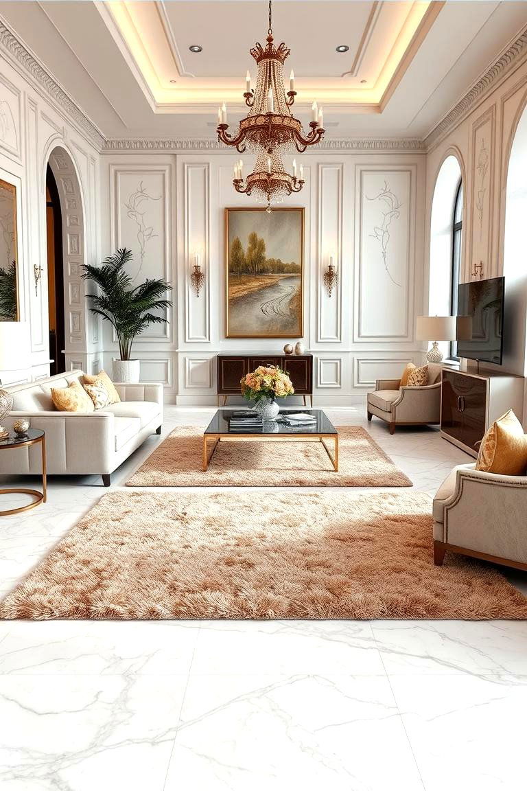 Marble Flooring with Plush Rugs - 25 Marble Floor Living Room Ideas