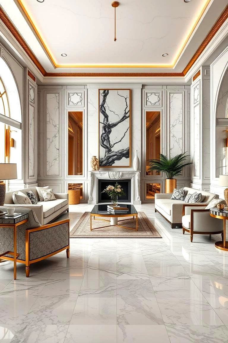 Marble and Brass Accents for Opulence - 25 Marble Floor Living Room Ideas