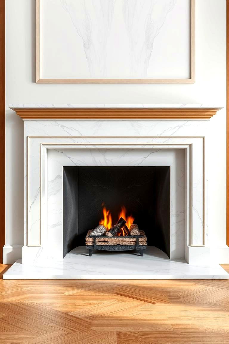 Marble and Wood Combo Hearth for Elegant Warmth - 25 Fireplace Hearth Ideas