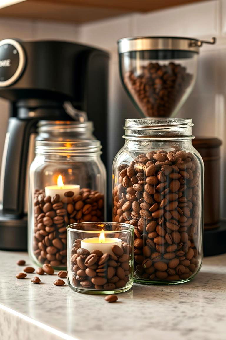 Mason Jars with Coffee Bean Fillers - 25 Mason Jar Centerpiece Ideas