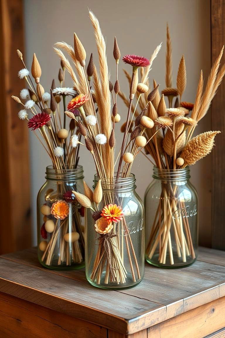 Mason Jars with Dried Flower Arrangements - 25 Mason Jar Centerpiece Ideas