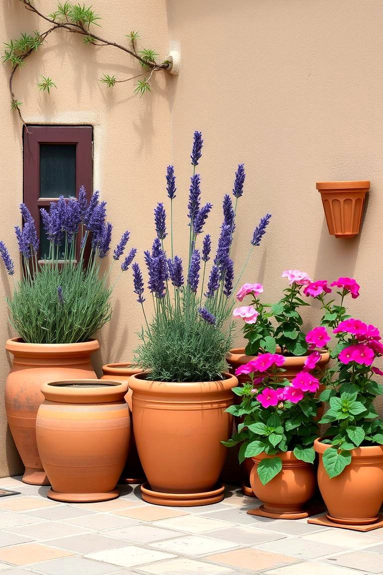 Mediterranean Inspired Corner Garden with Pots - 25 Corner Garden Ideas With Pots