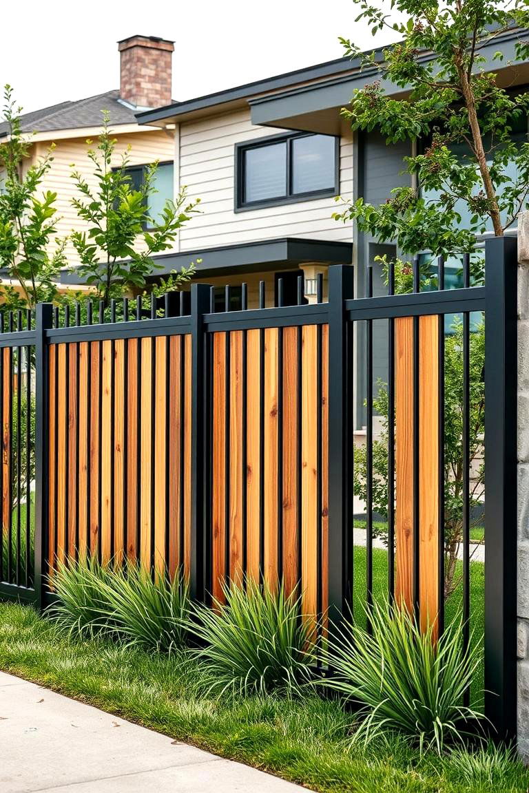 Metal and Wood Combination Fence - 25 Front Yard Fence Ideas