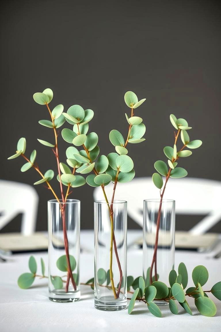 Minimalist Eucalyptus in Glass Vases - 25 Eucalyptus Wedding Centerpieces