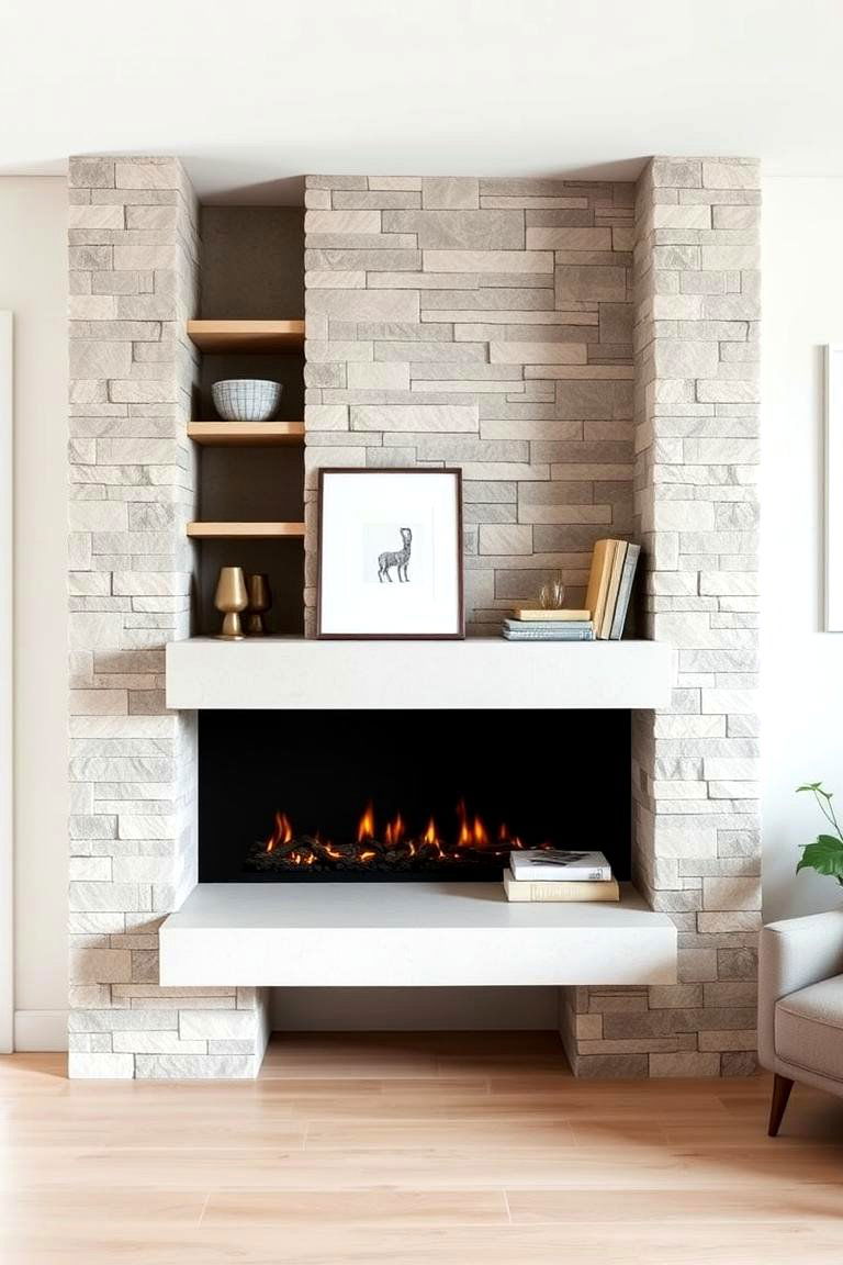 Minimalist Faux Stone Fireplace with Built In Shelves - 25 Faux Stone Fireplace Ideas
