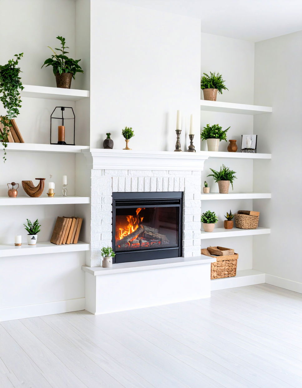 Minimalist Fireplace White Floating Shelves