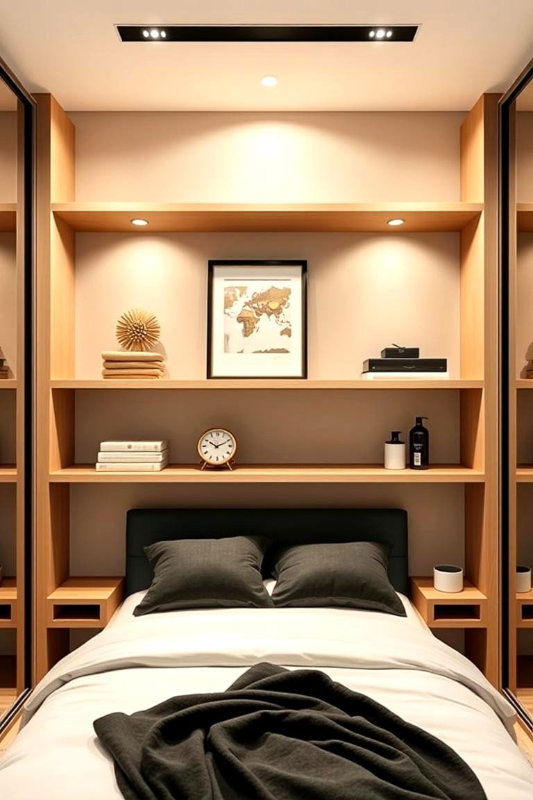 Minimalist Wardrobe with Open Shelving Above the Bed - 25 Built-in Wardrobe Ideas Around a Bed