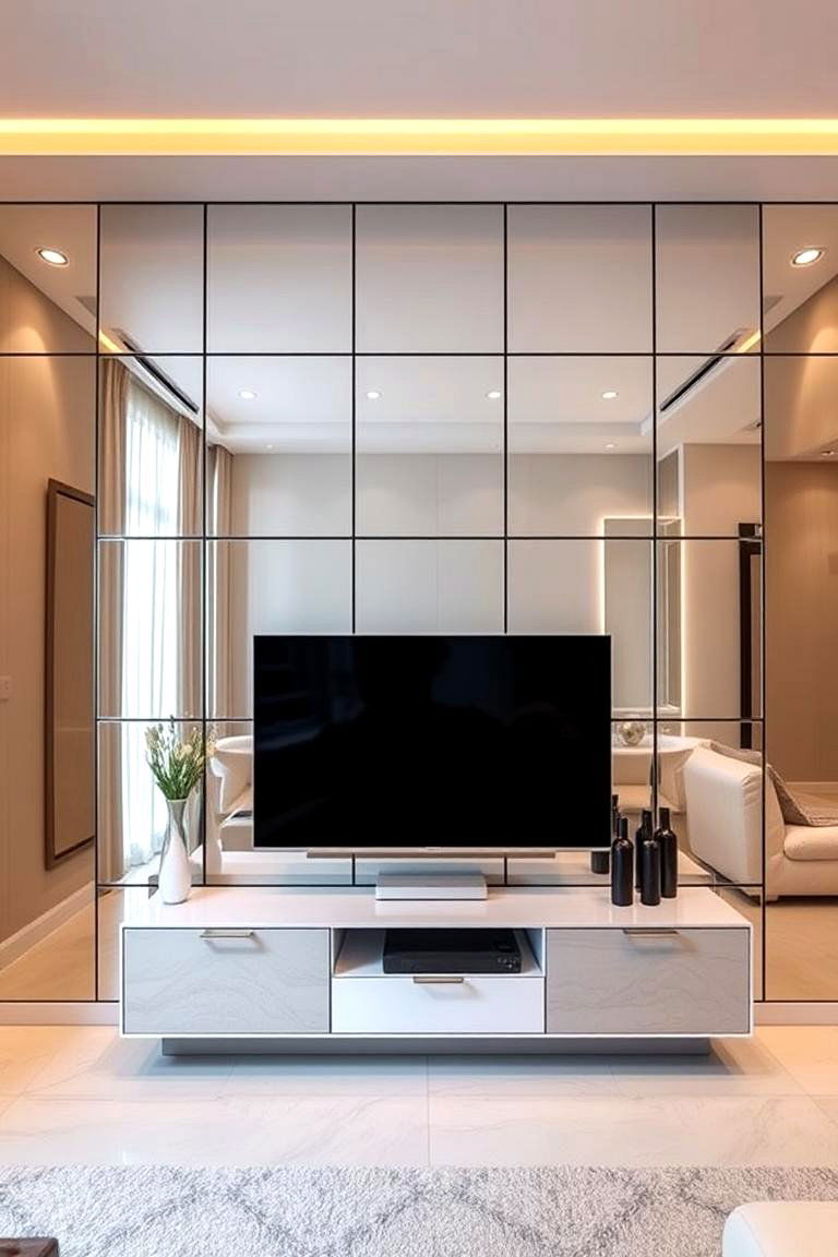 Mirrored Panels for an Expansive Glamorous Look - 25 Tv Accent Wall Ideas