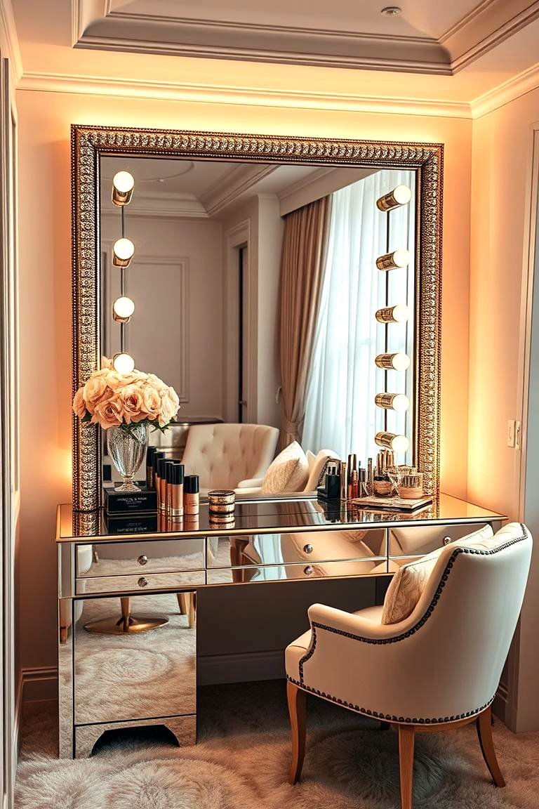 Mirrored Vanity for Glamour and Light Reflection - 25 Makeup Vanity Ideas