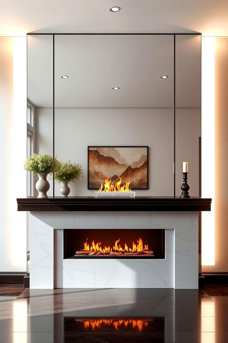 Mirrored Wall for Reflective Lighting - 25 Fireplace Mantel Lighting Ideas