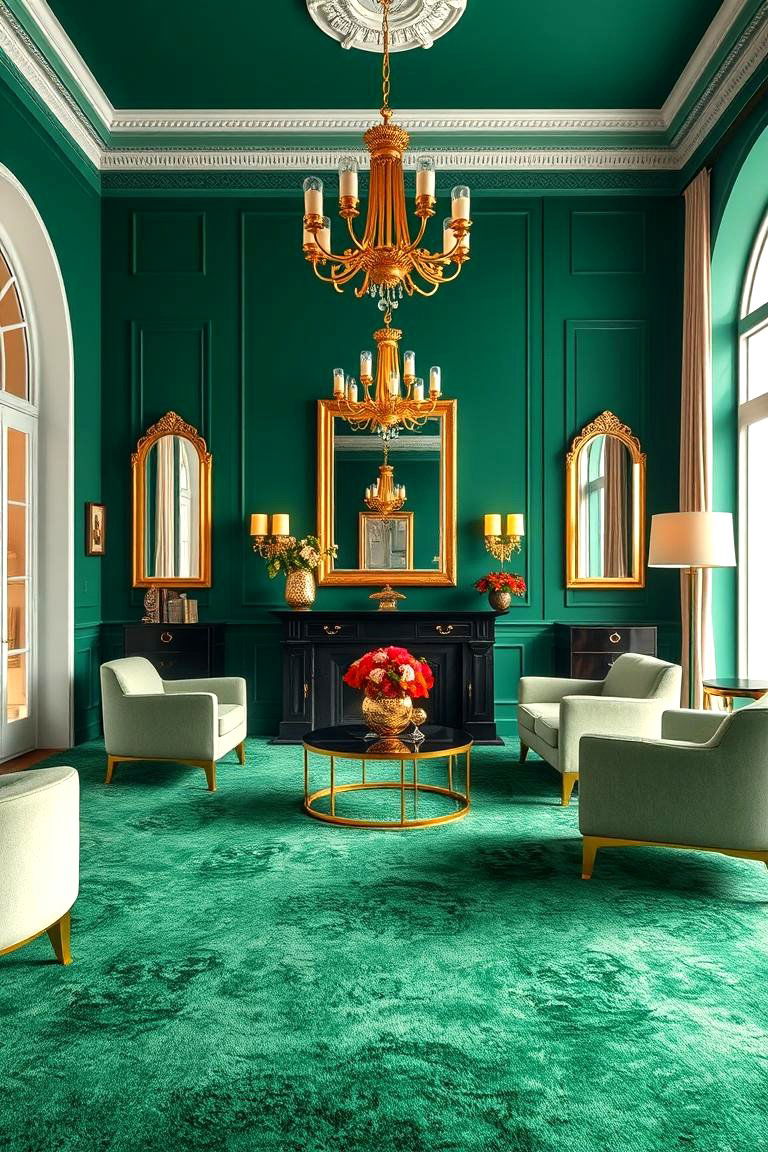 Mix Green with Gold for a Touch of Glamour - 25 Green Carpet Living Room Ideas