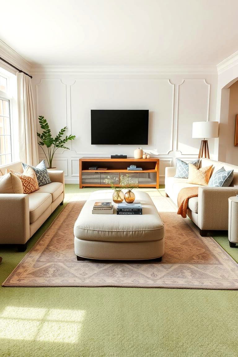 Mix Green with Neutral Tones for a Balanced Look - 25 Green Carpet Living Room Ideas
