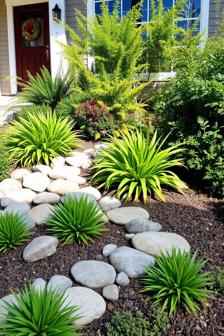 Mix Greenery with Decorative Stones - 25 Front Yard Landscaping Ideas