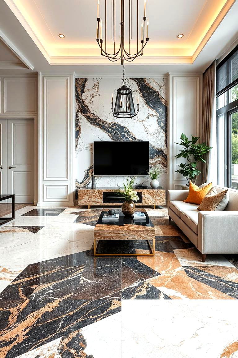 Mix and Match Marble Varieties - 25 Marble Floor Living Room Ideas