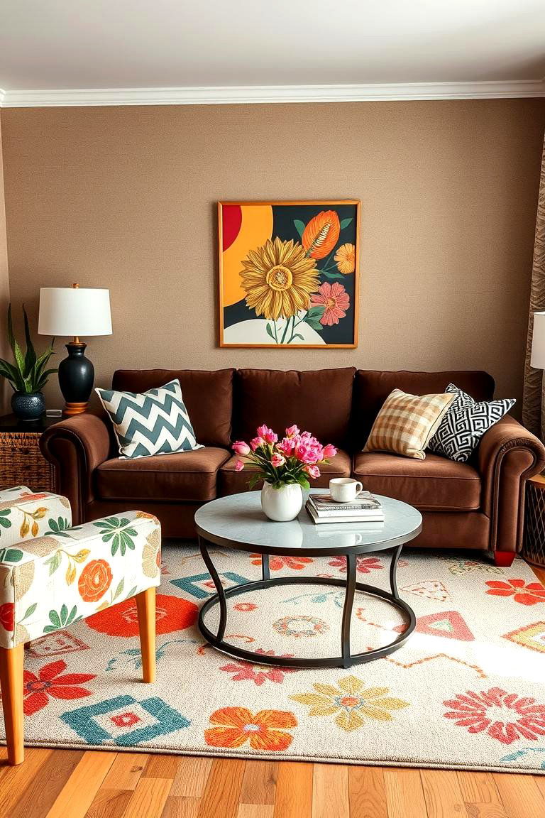Mix and Match Patterns for Playful Vibes - 25 Dark Brown Couch Living Room Ideas