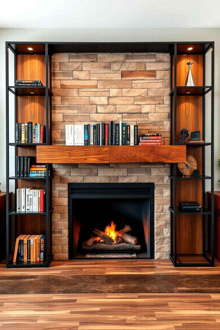 Mixing Materials for a Unique Fireplace with Bookshelves - 25 Fireplace With Bookshelves