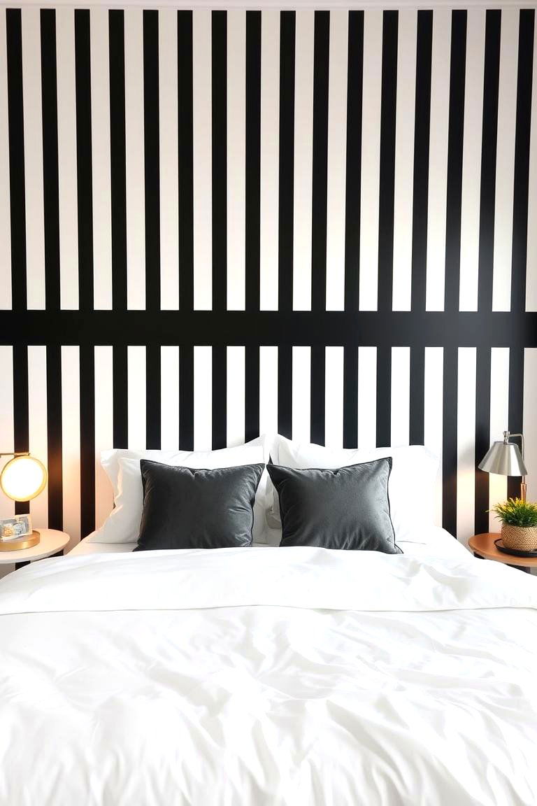Monochrome Elegance with Bold Stripes - 25 Feminine Black and White Bedroom Ideas