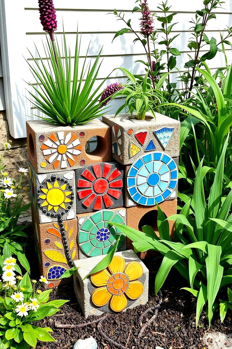 Mosaic Cinder Block Garden Art - 25 Cinder Block Garden Ideas