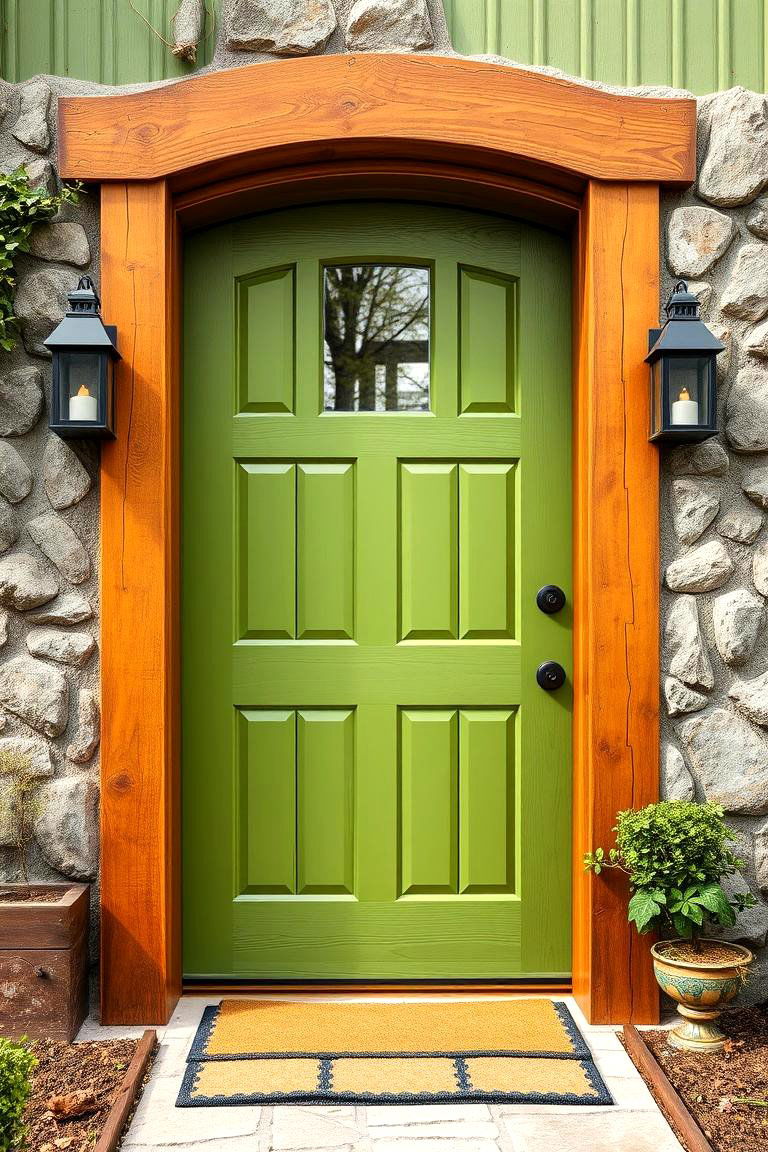 Moss Green with Wooden Accents for a Nature Inspired Look - 25 Green Front Door Ideas