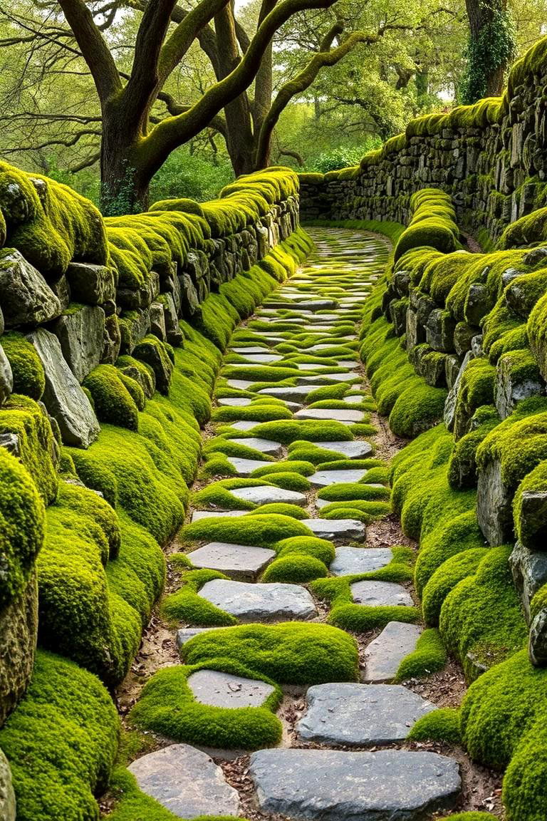 Moss Lined Stone Path - 25 Farmhouse Walkway Ideas